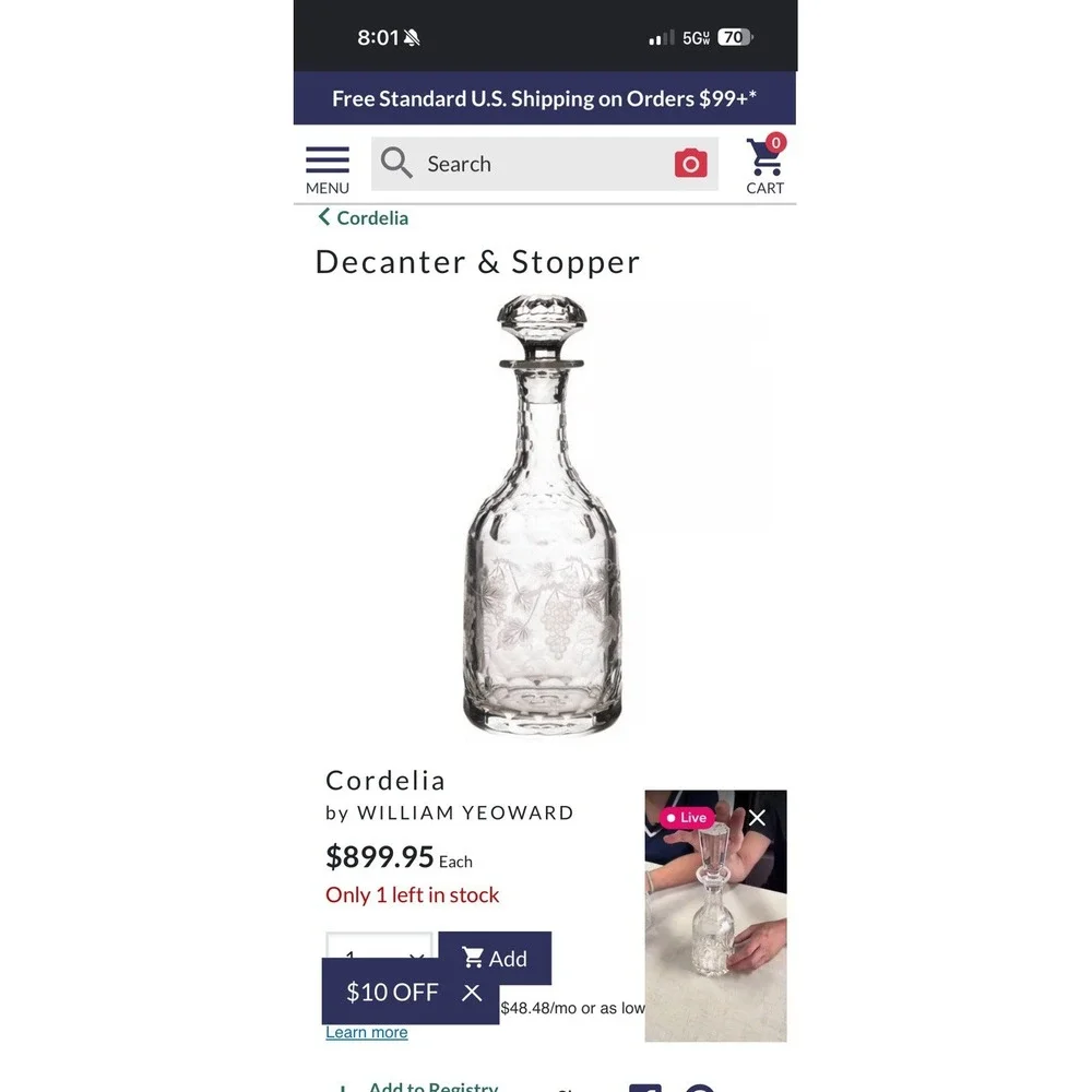 William Yeoward Crystal Decanter Cordelia Pattern ~ Grape vine etching